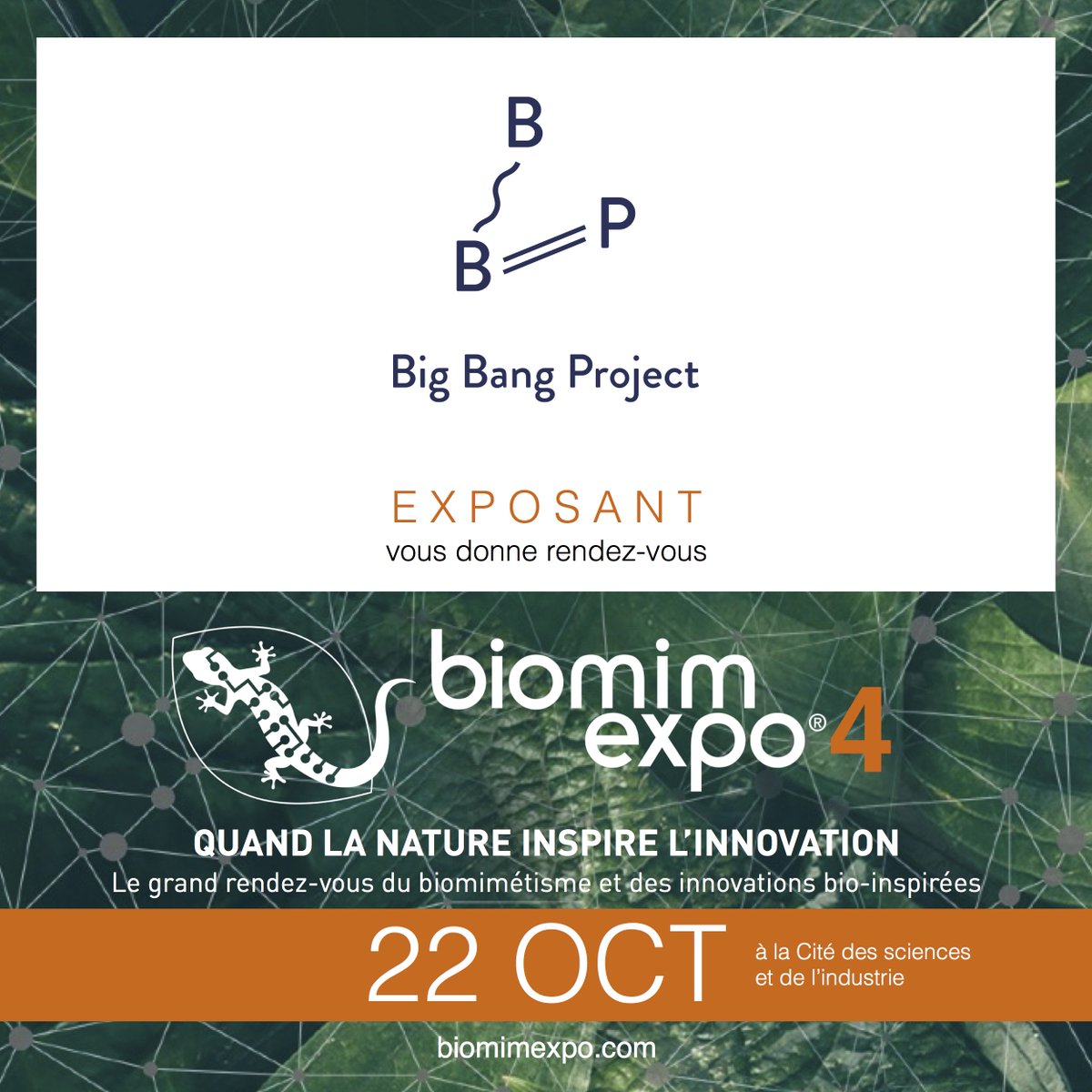 |EVENEMENT| J-7 ! #RDV22OCT !! 
Retrouvez-nous le 22.10 pour la <a href="/BiomimExpo/">biomim'expo</a> à la <a href="/citedessciences/">Cité des sciences et de l'industrie</a>! Nous aurons le plaisir d’y présenter nos actualités, d’animer un atelier avec <a href="/ceebios/">Ceebios</a> @Souhaitables ...
Inscriptions : lnkd.in/enqhf_K
#BIOMIMEXPO #biomimetisme #biomimicry