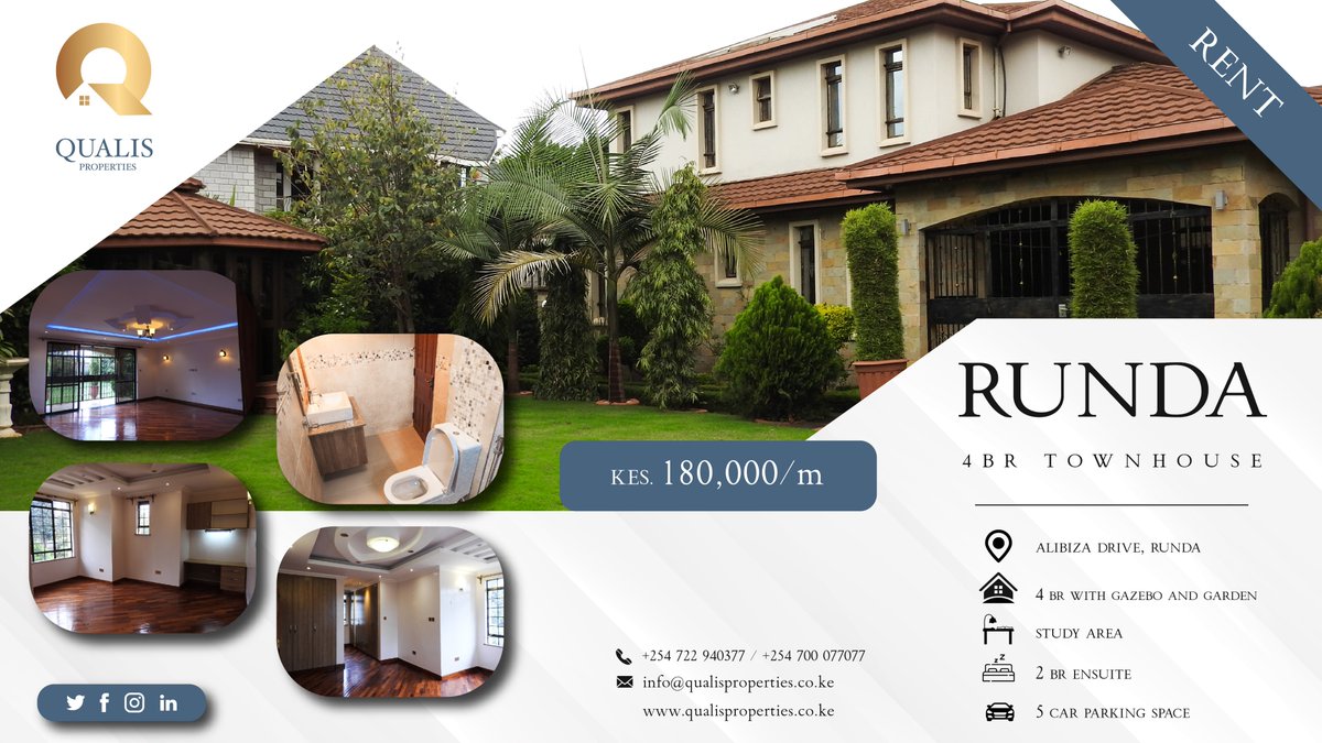 QualisKE's tweet photo. This 4 bedroom house is located in #Runda, in the Blue Diplomatic Zone.
Inside a large and spacious compound, it comes with a gazebo and 5 car parking space.
2 bedrooms are en-suite including a study and large wardrobe  space.
Book a visit with us through 0722940377 https://t.co/KV2Bwnzqjz