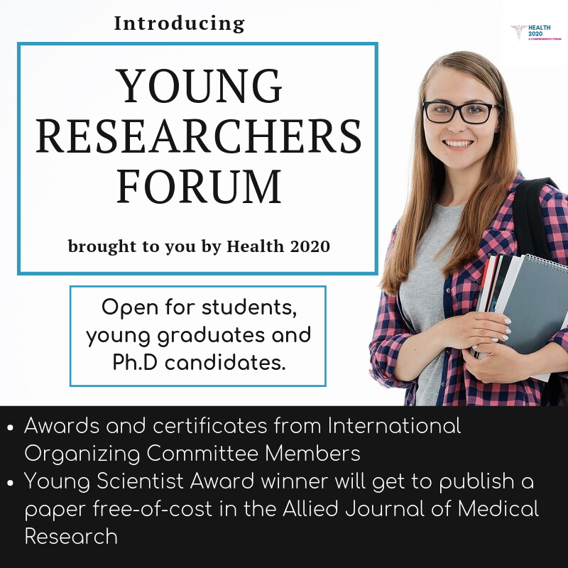 ICMHS2020's tweet photo. Introducing Young Researcher Forum – an opportunity to bring young minds to the global attention. Brought to you by Health 2020. Visit the website for more information. 
https://t.co/n3xZAquvYR

#health #medicalscience #healthconference #doctors #healthcare #specialists https://t.co/yK4Ak2X0Hz