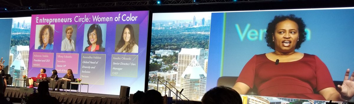 LenearPolly's tweet photo. #NMSDCConference Breakfast - Woman of Color with Tiffany Eubanks @BankofAmerica Anuradha Hebbar @verizon and Amelia Otlowski @CHEP.  We need sponsors, mentors and advocates for WOC.
#gmsupplierdiversity https://t.co/J6ybMkX8hr