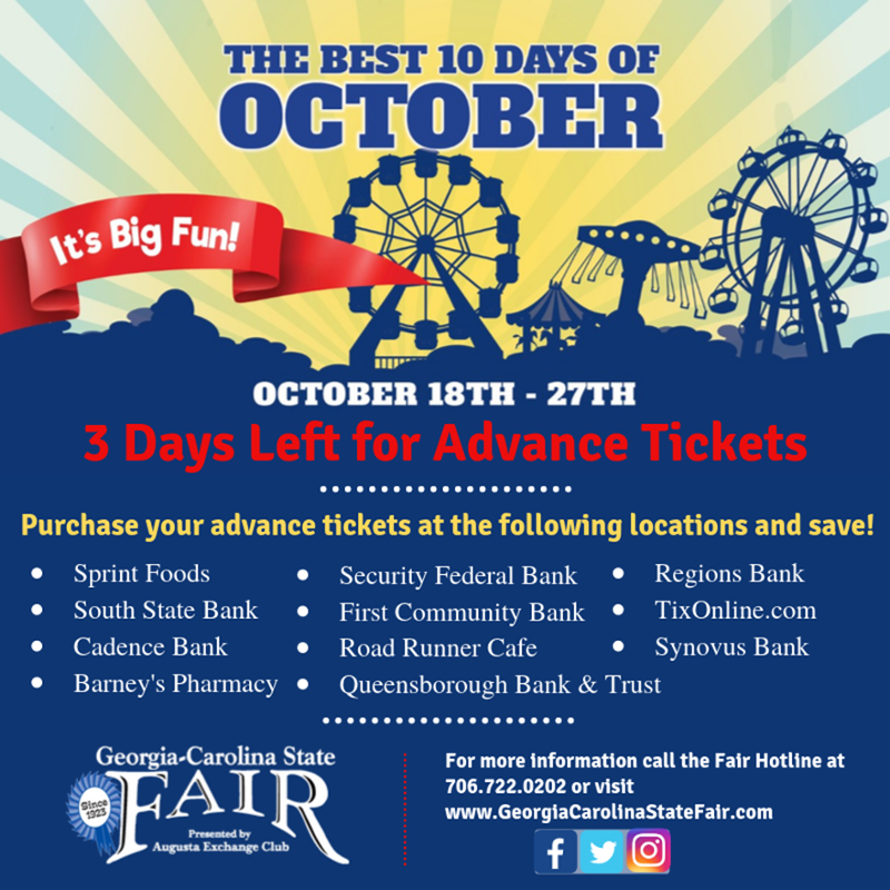 GaSc_StateFair's tweet photo. Don’t Forget to purchase your Advance Tickets to the Best 10 Days of October🎡🎪
#GeorgiaCarolinaStateFair #itsbigfun2019 #thebest10daysofoctober #GCSF #advancetickets https://t.co/pWU6KbiskG