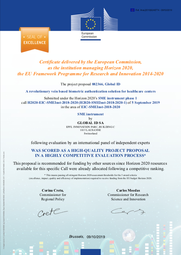 GlobalIDSA's tweet photo. Certificate delivered by the European Commission, as the institution managing Horizon 2020, the EU Framework Programme for Research and Innovation 2014-2020

#biometry #security #healthcare #identification #3DFingerVein #globalid #innovation #research https://t.co/HoLh13E9Xc