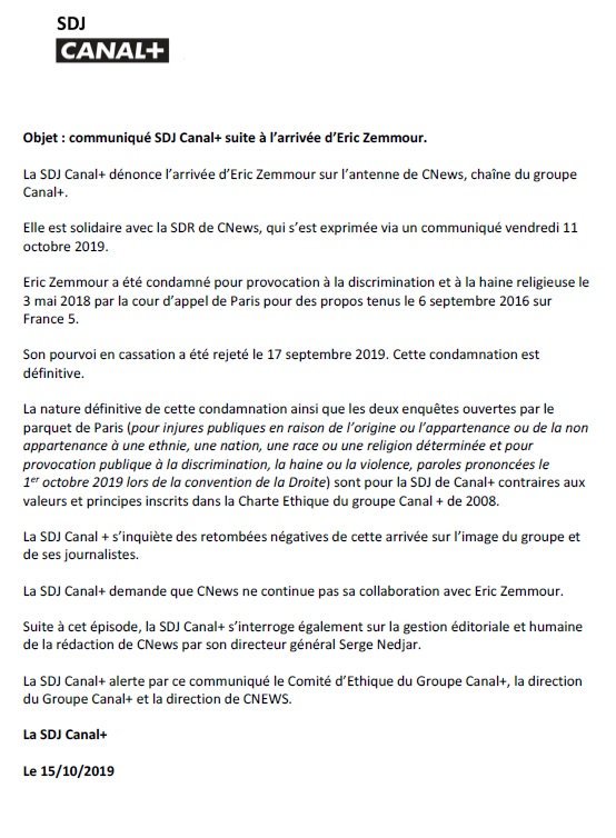 Communiqué de la SDJ Canal + concernant l'arrivée d'Eric Zemmour sur CNews.