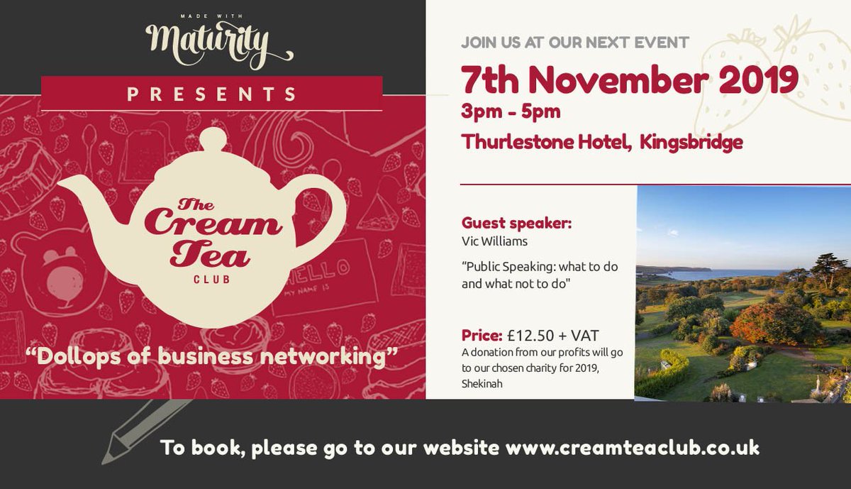We only have 4 tickets left for our next event on Thursday 7th November 2019 at the glorious <a href="/Thurlestone1896/">Thurlestone Hotel</a> with guest speaker <a href="/AudaciousCo/">AudaciousCo</a>.

Book soon: creamteaclub.co.uk. Don't forget to check out the fantastic offers for guests at the Thurlestone Hotel on our website.