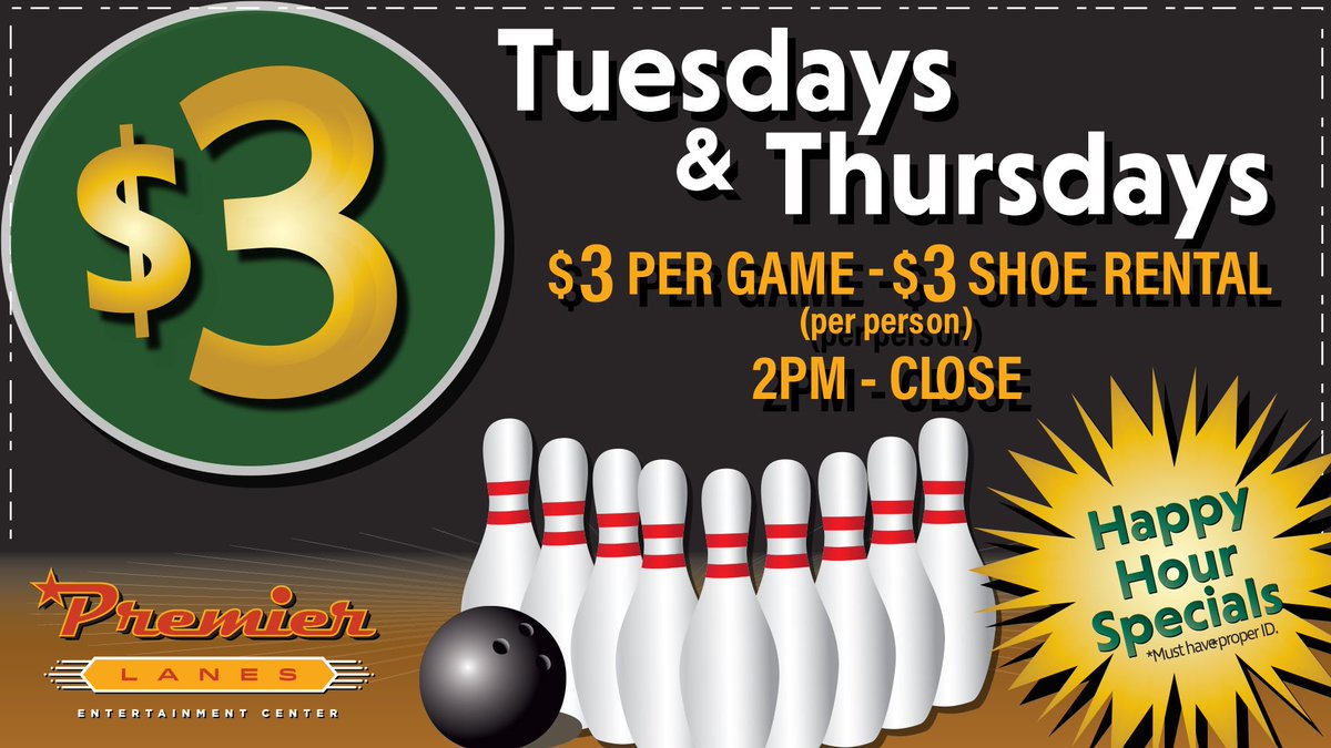 PremierLanesOx's tweet photo. TODAY IS $3 TUESDAY!!! $3 Games and $3 Shoe Rental ALL DAY! Don't forget to check out our awesome Happy Hour Specials!!!
.
.
.
#premierlanes #rowanoakcafe#threedollartuesday #GroveBar #OxfordMS#OleMiss #RowanOakCafe #Tuesday #HappyHour #Bowling https://t.co/lVQdISS298