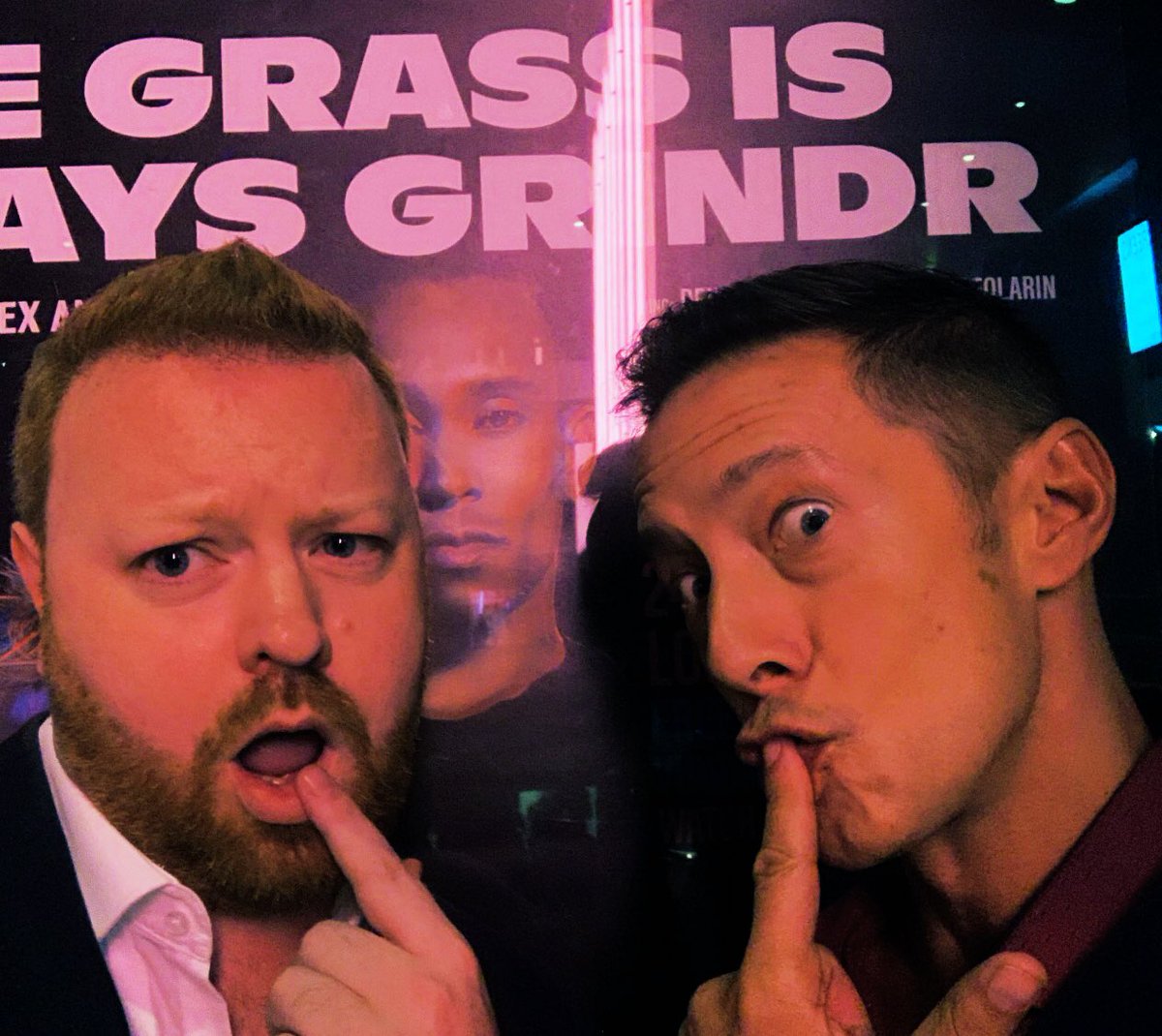 Matthew_Hodson's tweet photo. Me and @Richard_Unwin are clearly not to be trusted in front of cameras. 
Tune in to @LondonLive (Freeview 8, Sky 117, Virgin 159) at 11pm tonight for the final episode of The Grass is Always Grindr and find out if Dr Ryan gets a happy ending (ooh-er!). https://t.co/b3PdrrVXZv