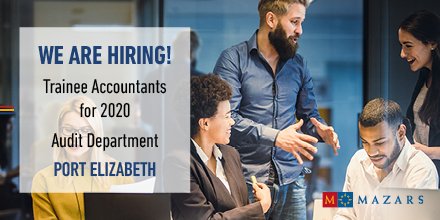 ForvisMazars_SA's tweet photo. Students! Graduates! Mazars Port Elizabeth is actively recruiting for Trainee Accountants for 2020.

Apply here: https://t.co/XeS6V0D4Av

#trainee #traineeaccountants #mazarssa #mazarspe #careers #accountingcareers #careers #auditcareers #audit https://t.co/9Tcc6xdBZa