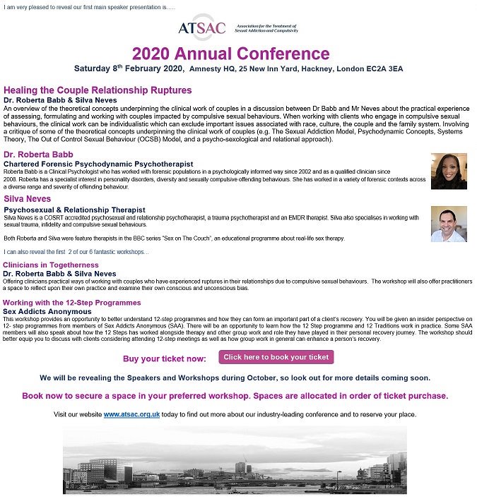 We are delighted to confirm <a href="/DrRBabb/">Dr Roberta Babb</a> and <a href="/SilvaNeves3/">Silva Neves</a> are speaking at the ATSAC 2020 Annual Conference. See below for more details.  

Buy your tickets here: atsac.org.uk/atsac-2020-ann…