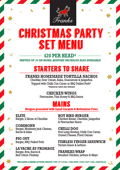 FranksHamburger's tweet photo. Holidays are coming 🎄🎅✨

Plan your #Christmas get together with friends or colleagues with our £20 set menu, available from 29th November throughout December 🍔

Bespoke packages available for parties of 10+

Book your table: 01604 948904 📞

#NorthantsFood #Northamptonshire https://t.co/a5ALMMw1CV