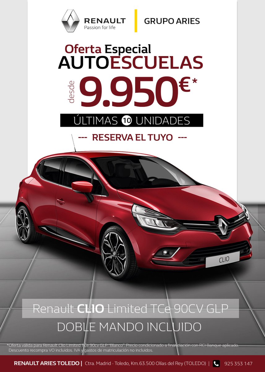 AriesToledo's tweet photo. Oferta Especial Autoescuelas.
Renault CLIO Limited 90CV GLP.
¡Solicita información sin compromiso!
https://t.co/ihEGIolLW2
Sólo en Renault-Dacia Aries Toledo
Unidades Limitadas.
#autoescuelas #ofertasrenault #renaultCLIO #ofertasRenaultAriesToledo #ofertasAutoescuelas https://t.co/JCu9lsblZz