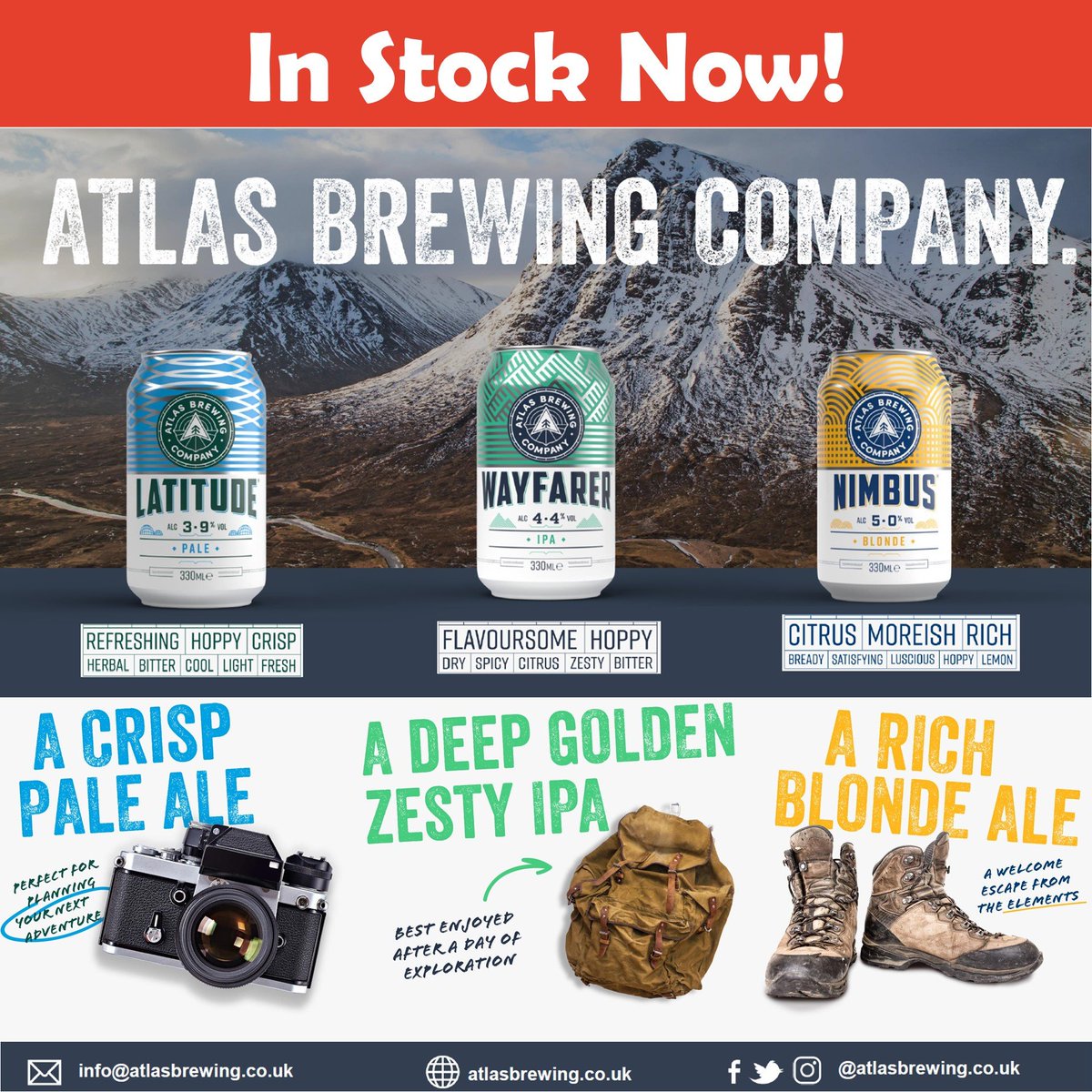 The <a href="/AtlasBrewing/">Atlas Brewing Company</a> range of beers are hop forward, distinctive, full flavoured and well worth seeking out

117210 Latitude - A crisp, pale ale

117200 Wayfarer - A deep golden IPA 

114410 Nimbus - A Rich, spicy and sweet blonde ale

Buy here: sales.filshill.co.uk

#wholesale