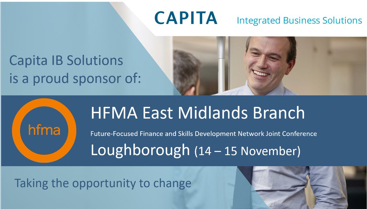 CapitaIBS's tweet photo. Stop by our table at the @HFMA_Emids joint conference in Loughborough, on the 14-15 November!
An NHS finance event, focused on taking the opportunity to change. 
#digitaltransformation #2019financefutures #hfma #integracentros https://t.co/AdiCDgiaXx