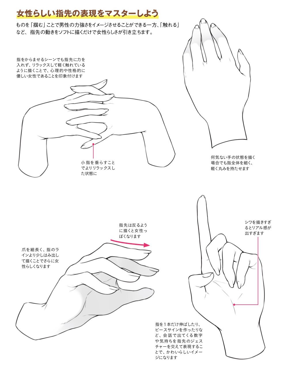 玄光社 超描けるシリーズ 超描ネタ帳 男女の描き分けが意外と難しい指先の表現 女性らしい指先を描くには 触れるなどの ソフトな表現 を意識するのがポイントです 方天戟さん Houtengeki 著 ちょっぴりhなおんなのこの描き方 より