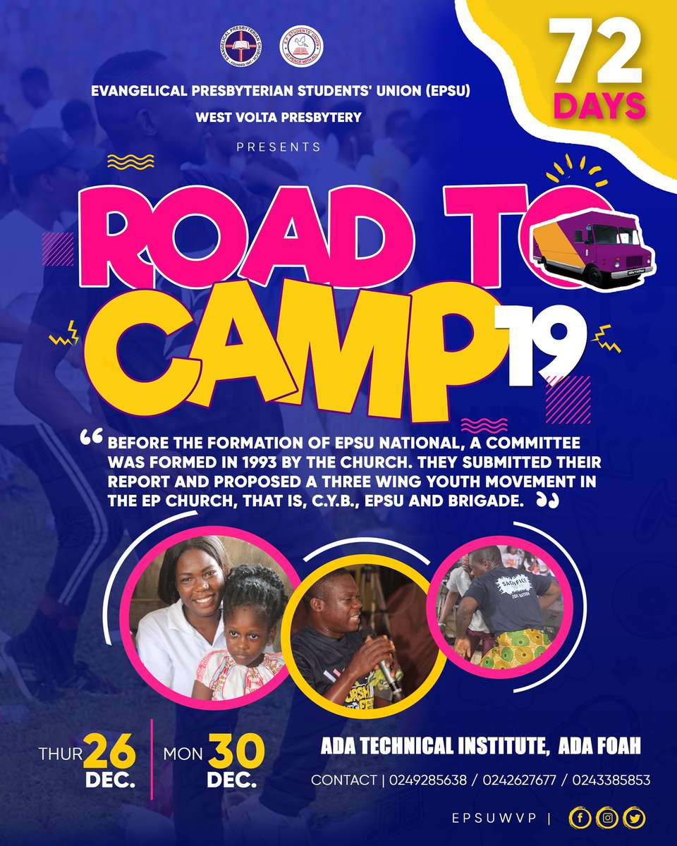 epsuwvp's tweet photo. Ready!!!!
We are counting down and graciously we have  #72Days More to camp... The question is #ARE_YOU_READY_FOR_THE_BIG_ONE?

#Dec4Camp
#Ada4Camp https://t.co/SQxvkIHdI3