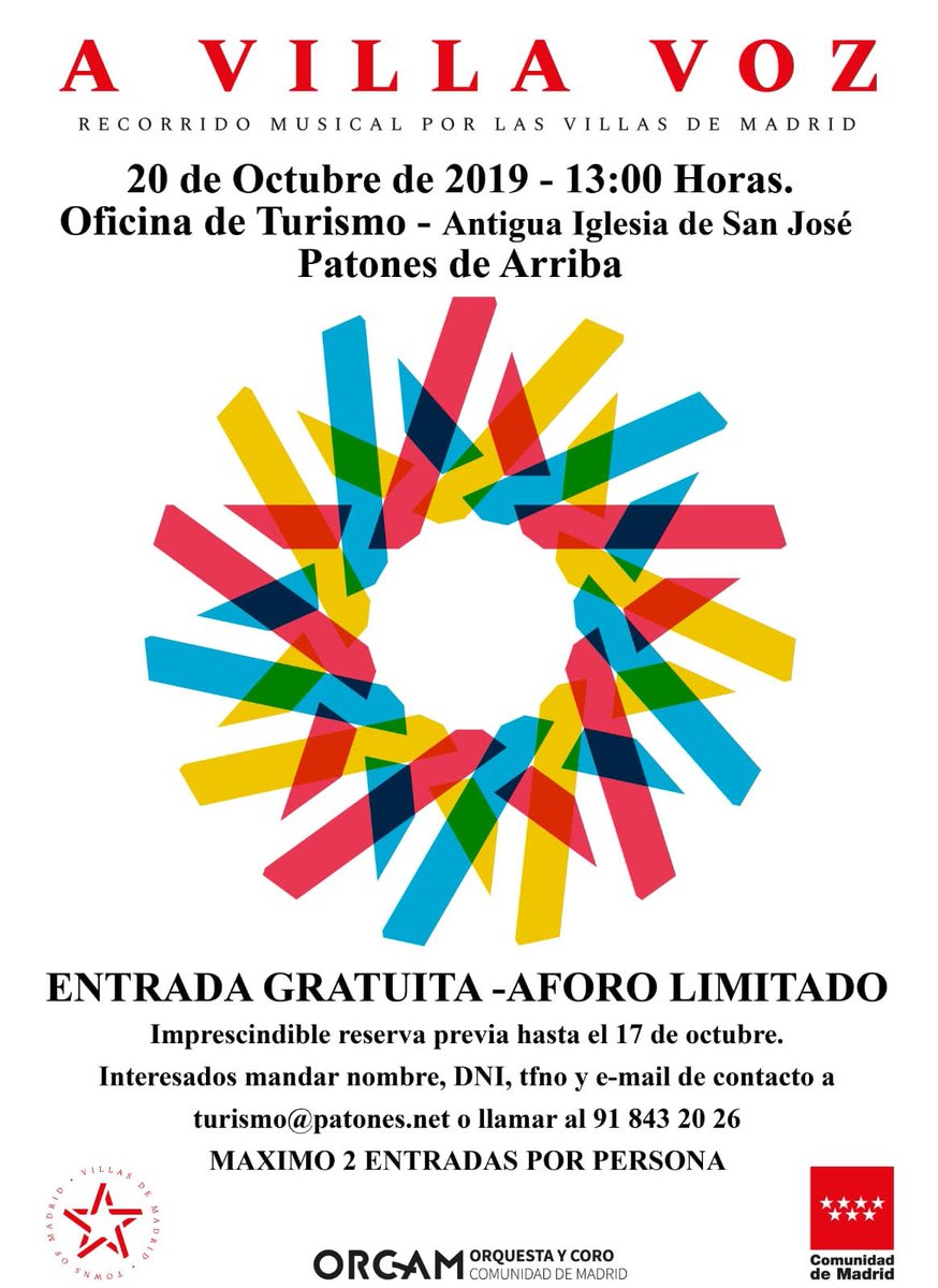 Concierto
Domingo 20 de Octubre 2019. Entrada Gratuita.
Reserva en: patones@turismo.net o en el Ayuntamiento
#ElReinoDePatones #Patones 
#PatonesDeArriba #TurismoPatones #Turismo 
#TurismoRural #SierraNorteDeMadrid 
#PueblosConEncanto 
#PueblosDeMadrid #VillasDeMadrid #AVillavoz