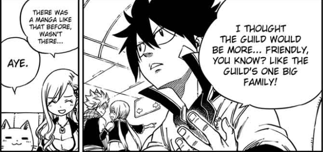 Troll from Mashima but Nalu in the back and Lucy holding Natsu's arm <3