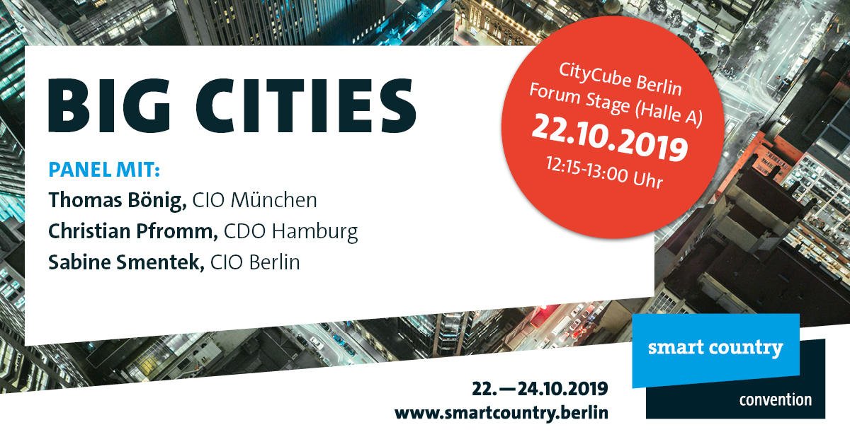Wie sieht die smarte #Großstadt der Zukunft aus? 
Wir freuen uns auf eine spannende Diskussion auf der #sccon19 mit <a href="/ThomasBoenig/">Thomas Bönig</a> (CIO <a href="/muenchen/">München</a>), Christian Pfromm (CDO @Hamburg_de) und <a href="/SabineSmentek/">SabineSmentek</a> (CIO @beBerlin)! 
👉 fal.cn/34vhr
<a href="/Bitkom/">Bitkom</a> | <a href="/MesseBerlin/">Messe Berlin</a>