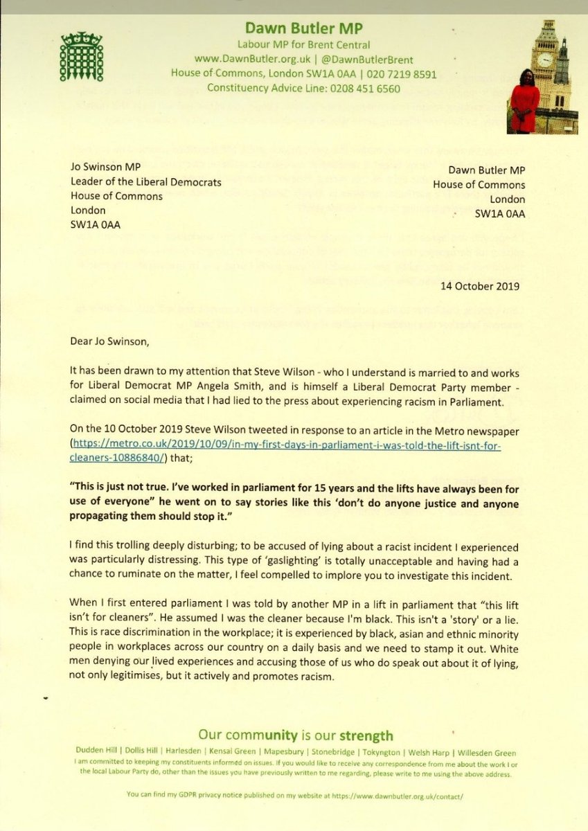 DawnButlerBrent's tweet image. Dear @joswinson please find below my letter emailed to you yesterday. I hope you will take seriously the racist trope, trolling and gaslighting by a @LibDems member. Especially as he works for his wife, a Lib Dem MP, who referred to people like me as having"funny tinge".@UKLabour