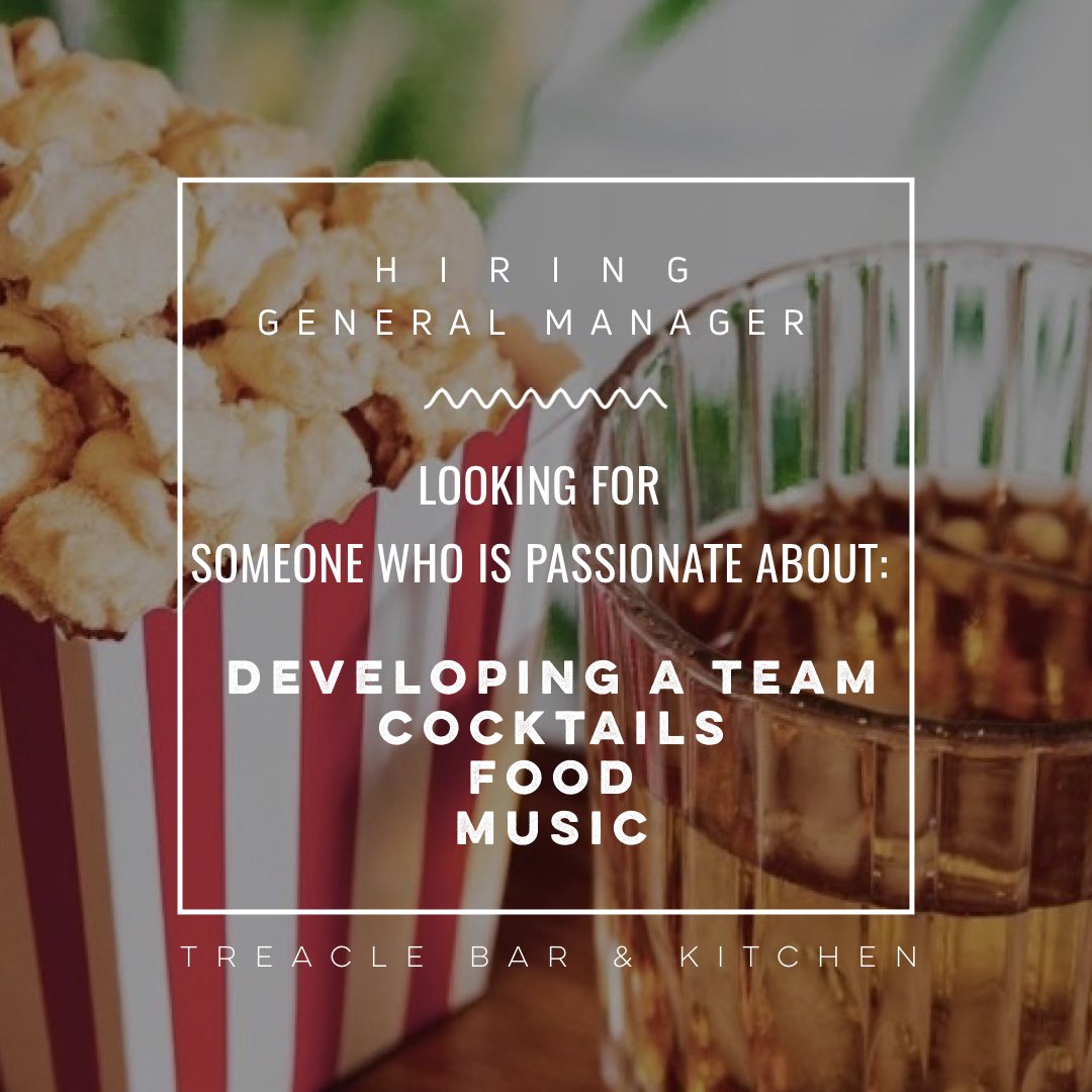 We’re looking to recruit a GENERAL MANAGER here @treacleedinburgh 
It’s pretty simple, lead from the front and be passionate about the hospitality industry!! A love for cocktails, food, people &amp; music is essential in this role. 
CV’s: colin@treacleedinburgh.co.uk