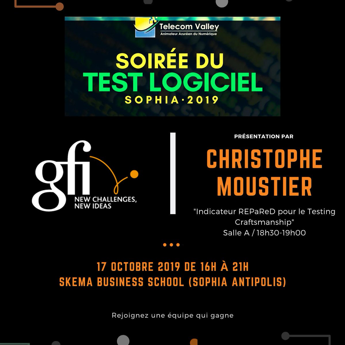 BenOlz95's tweet image. @gfiinformatique vous donne rendez-vous le Jeudi 17 Octobre pour la soirée du #TestLogiciel organisé par la @TelecomValley. Notre collaborateur : Christophe Moustier apportera son analyse sur la &quot;Qualité du Code&quot; et l&apos;importance des &quot;Indicateurs REPARED&quot; pour le #Testing