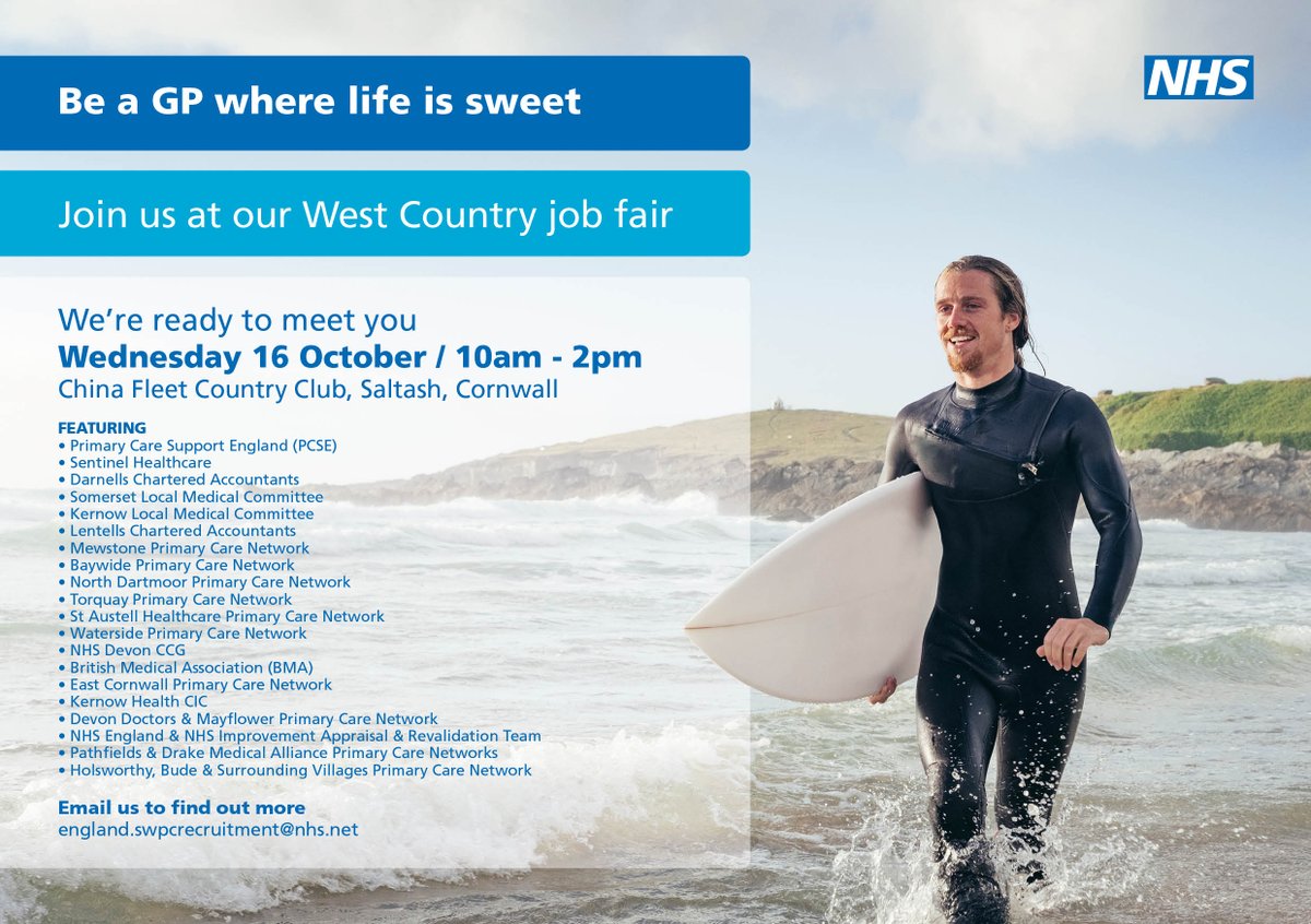 NHSDevon's tweet photo. Want to work in the #WestCountry #Devon? Join the #GP job fair in #Saltash 16 October at the China Fleet Country Club to find out more about the opportunities on offer. https://t.co/YV4rWTP8iw #NHSjobs #GPjobs #gpfv @NHSEnglandSW @Sentinel_CiC @DevonDoctorsLtd https://t.co/lh3JpymqaH