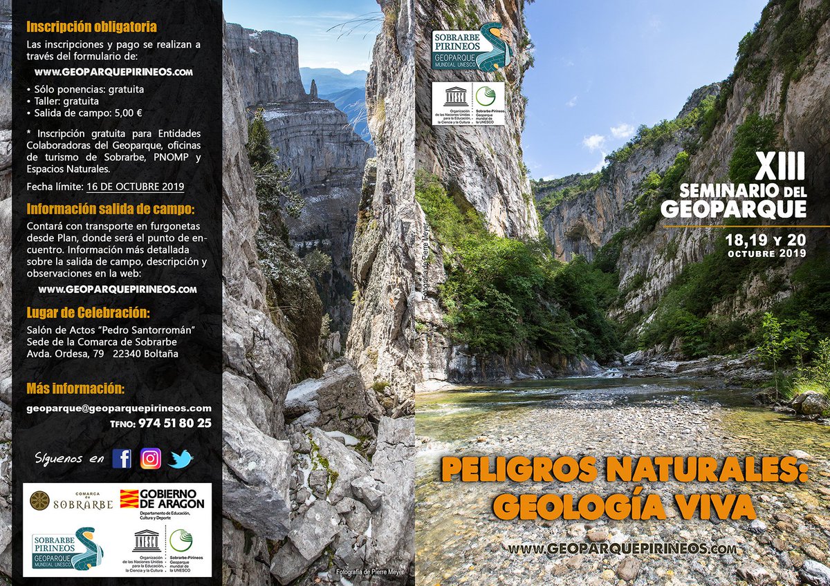 Cuenta atrás para participar en el XIII Seminario del <a href="/SobrarbeGeopark/">GparkSobrarbePirineo</a> Anímate a participar y reserva tu plaza, para conocer como se producen los peligros naturales en nuestras montañas y como prevenirlos. Peligros naturales: geología viva. 18, 19 y 20 octubre.