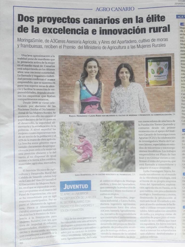 Hoy <a href="/diariodeavisos/">Diario de Avisos</a> se hace eco del premio que nos entregará mañana @mapagob 
¡Muchas gracias!  
#moringa #yosoymoringa #moringapower