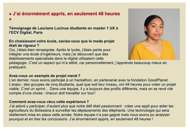Nad_Alves's tweet photo. #MardiConseil : ITW de Laurianne Lucinus, étudiante @ECV_Digital ds le dernier dossier @P_etudiants s/ le #numérique ! Elle revient notamment s/ le hackathon #HackForPlanet réalisé avec @GoodPlanet_ ♻️🐘

"Ecoles du numérique : plongez en mode projet"
👉🏼 https://t.co/I2ndQ4GcBy https://t.co/5EsKKAYUFh