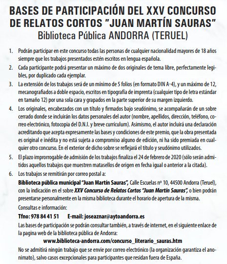 CELANDIGITAL's tweet photo. Se convoca el XXV Concurso de relatos cortos "Juan Martín Sauras" Aquí podéis ver las bases https://t.co/CMSZQfmECT