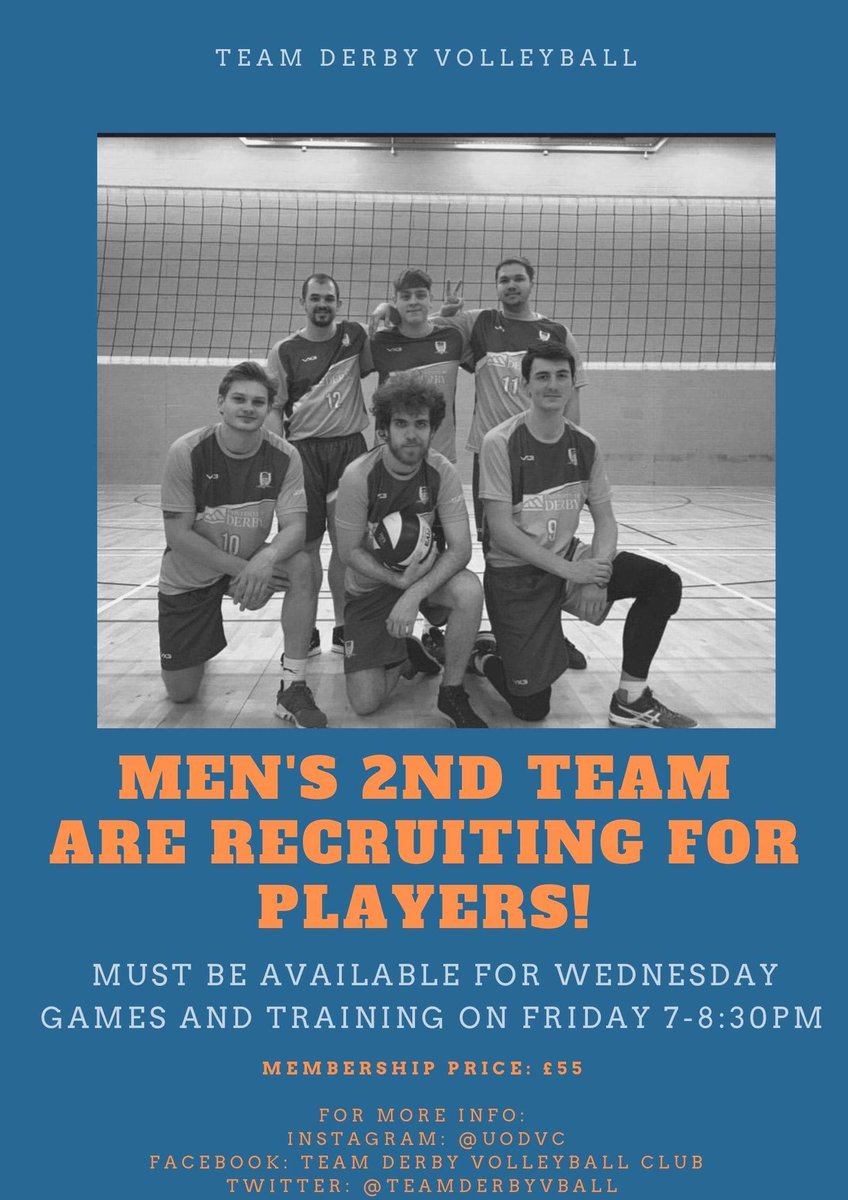 ATTENTION!! Our Men’s 2nd team is looking for players! If you like volleyball and are a student, available for Wednesday games and training on Fridays, please contact us! #derby #student #volleyball #team