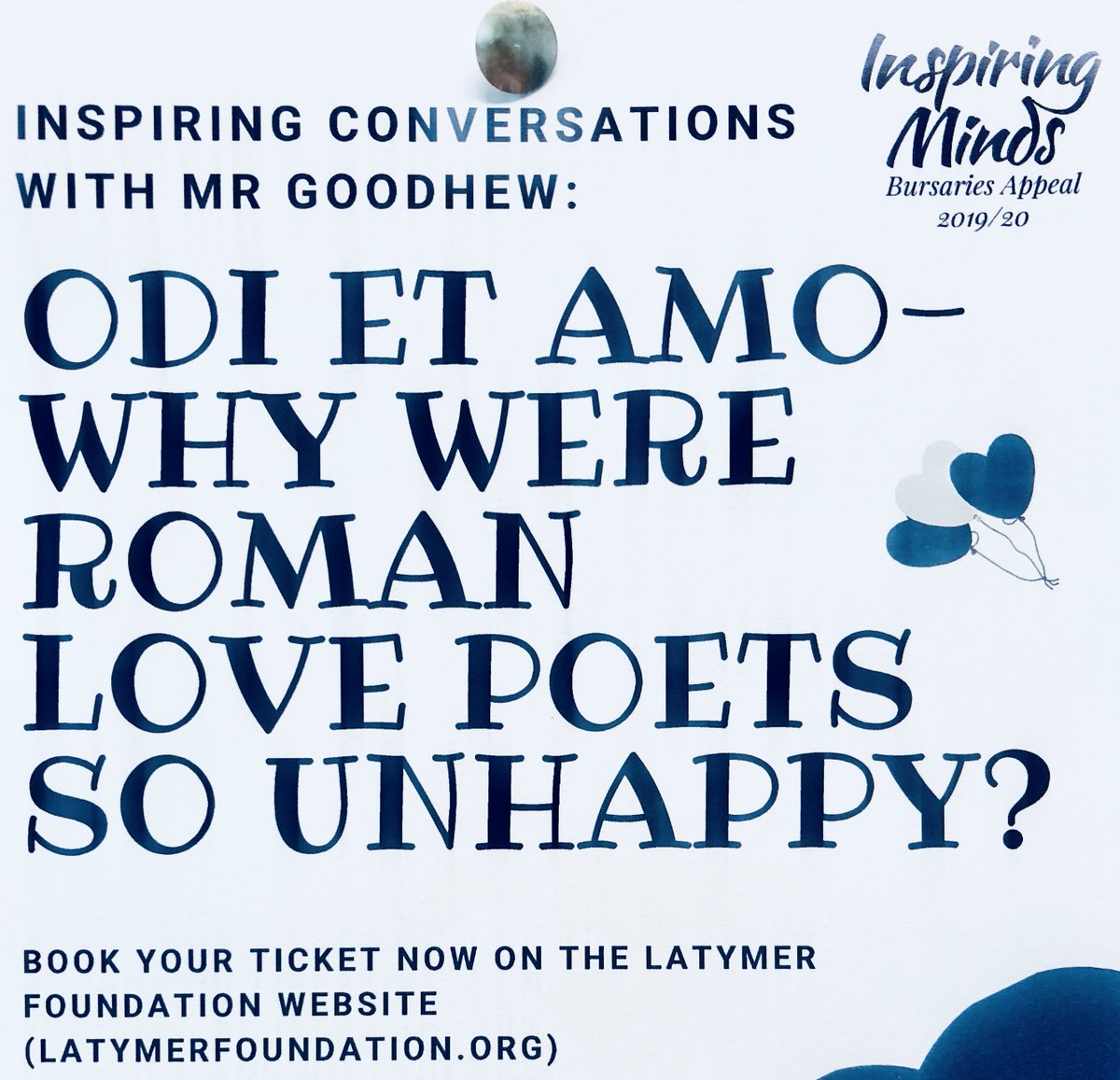 Latymer1624's tweet image. Tomorrow: #InspiringConversations talk with @LatymerHead "Odi et amo - why were Roman love poets so unhappy?". Will be a fascinating evening! Last chance to book: bit.ly/2mLCRXg