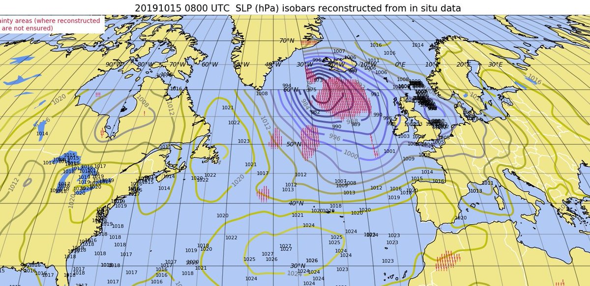 meteocea's tweet image. Real-time pressure data from the North Atlantic ocean 0800UTC. It is showing Storm #Thilo - south of Iceland - and Depression #Sébastien - in North Sea - (both named by Berlin).

Isobars reconstructed from GOOS data (shown) and METARs . Uncertainties in red.

#windstorm #maritime