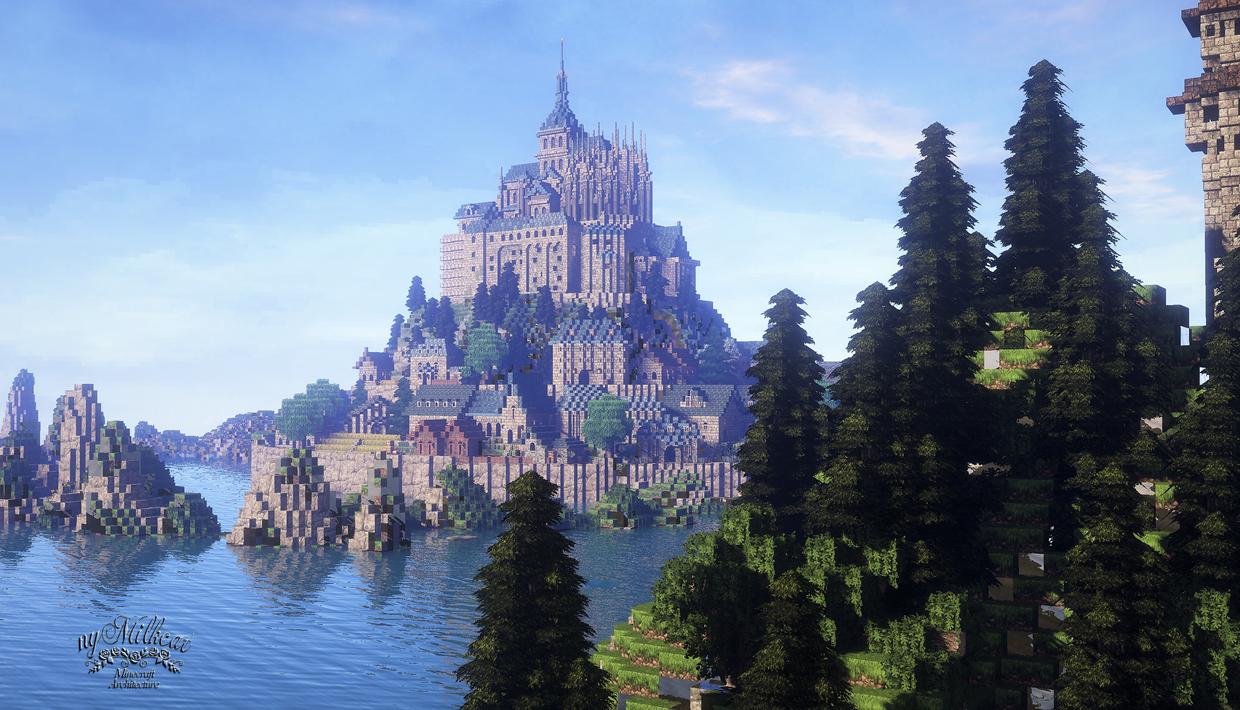 Milk猫 Minecraft Weareconqest Wearereforged Minecraft緑化推進委員会 フランスの世界遺産 モン サン ミシェル をそれっぽく再現しました T Co 3xbeprvaul Twitter