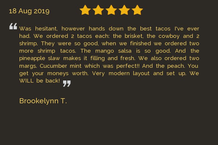 New 5-star from Brookelynn T.: "Was hesitant, however hands down the best tacos I've ever had. We ordered 2 tacos each: the brisket, the cowboy and 2 shrimp. They were so good, when ..." Find more at texymexyrestaurantnoblesville.com/testimonials/