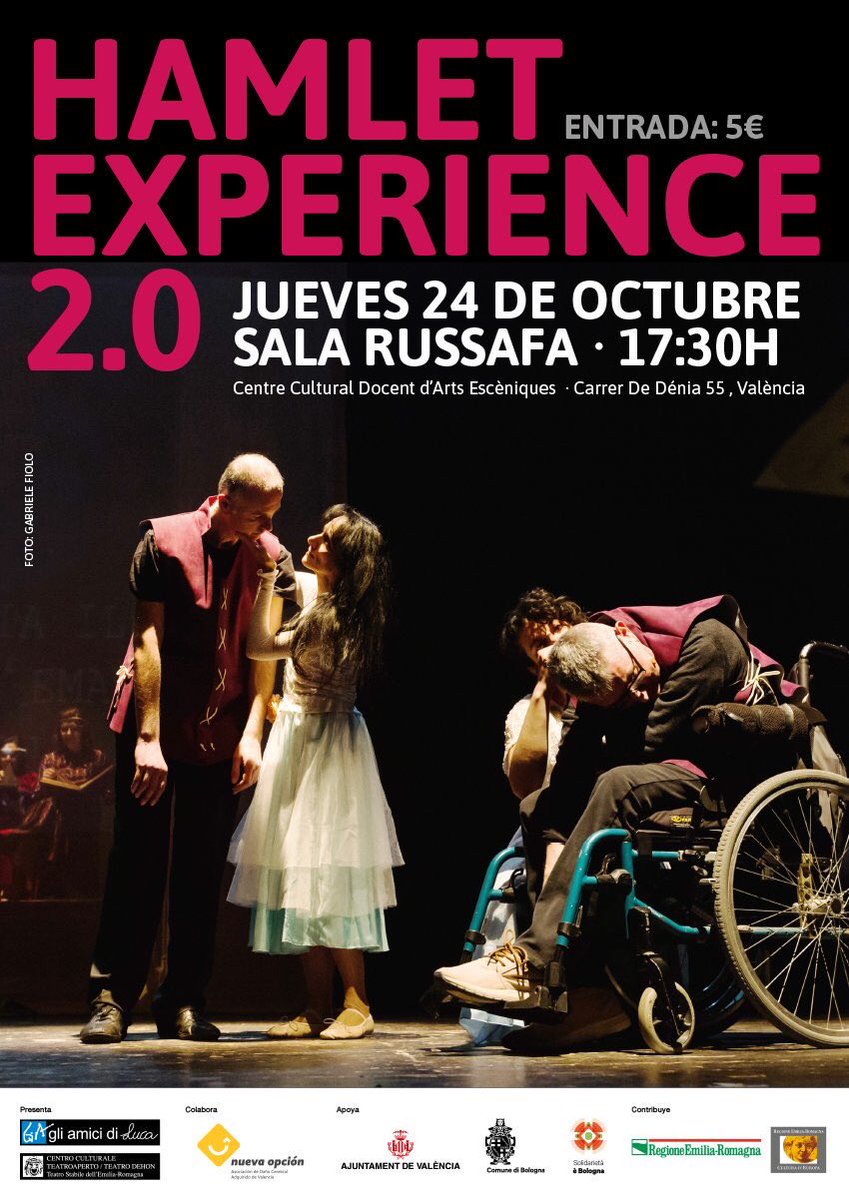 Mis amig@s de #Bolonia vuelven a #Valencia. En esta ocasión nos traen la función #Hamlet Experience 2.0. Personas con #dañocerebral (<a href="/AmiciDiLuca/">AmicidiLuca</a> y @NuevaOpcionDCA) y profesionales del #teatro. 
Yo ya he alucinado con ell@s en varias ocasiones.
Te esperamos en <a href="/salarussafa/">Sala Russafa</a>!