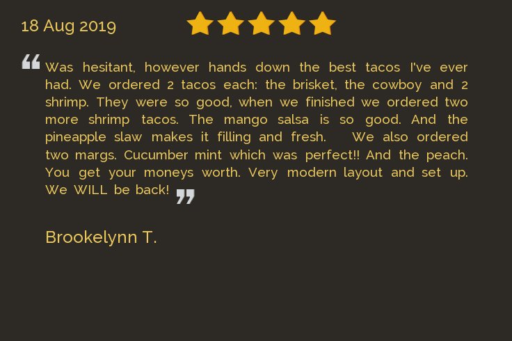 New 5-star from Brookelynn T.: "Was hesitant, however hands down the best tacos I've ever had. We ordered 2 tacos each: the brisket, the cowboy and 2 shrimp. They were so good, when ..." Find more at texymexyrestaurantnoblesville.com/testimonials/