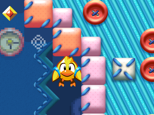 JoolsWatsham's tweet photo. Here are two work-in-progress comparison images from the @chicken_wiggle game engine, showing the two modes you can toggle between (retro/HD). Some elements are not setup properly yet. The tiny texture detail on the blue thread really shows the difference in resolution! https://t.co/6e6YXhcTVU