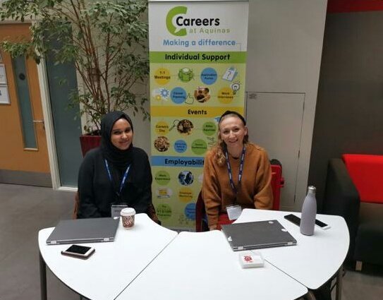 Najma & Becca getting ready to answer some questions about #alternativepaths. 

It would be amazing to see some students from @Aquinascareers at our Skills Day. 

Get your tickets here: 
Bit.ly/2Vj91GA

#Opportunities #gapyear #workexperience #apprenticeships #pathwayctm