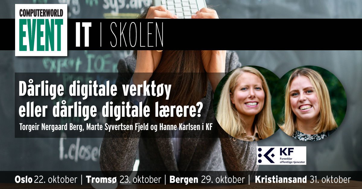 IT i skolen? 
<a href="/Kommuneforlaget/">KF - Forenkler offentlige tjenester</a> inviterer deg til @ComputerworldNO eventet, IT i Skolen. 
Bruk følgende VIP-kode når du melder deg på, så vil arrangementet være helt gratis. ITIS19-KF-E
(NB! VIP-koden gjelder ikke for ansatte hos IT-, tele- eller konsulentselskaper.)