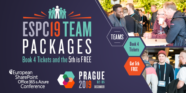 ESPC_Community's tweet photo. Why bring your team to #ESPC19?
To keep up to date with powerful new #SharePoint, #Office365 and #Azure features and tools to improve personal, team and company #collaboration, #productivity and #performance. https://t.co/agmTOVAdJx https://t.co/tTYOZXNSTH