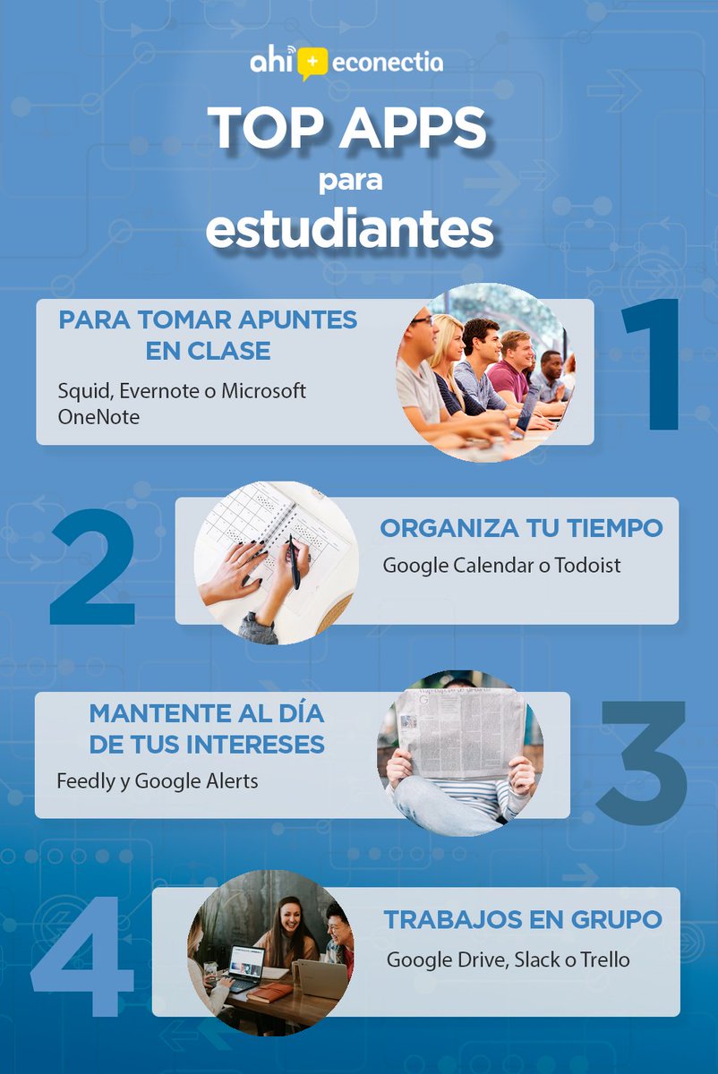 econectia_'s tweet photo. ¿Eres #estudiante? 👩‍🎓 Optimiza y organiza tu tiempo con estas #apps:

📒 Para tomar apuntes en clase
📆 Para organizar tu tiempo
👨‍💻 Para realizar trabajos en grupo
🗞️ Para estar al día de tu rama

Te contamos más por aquí ➛ https://t.co/jYJNLDOyYK

#móvil #tablet #universidad https://t.co/2cDmhRZMI7