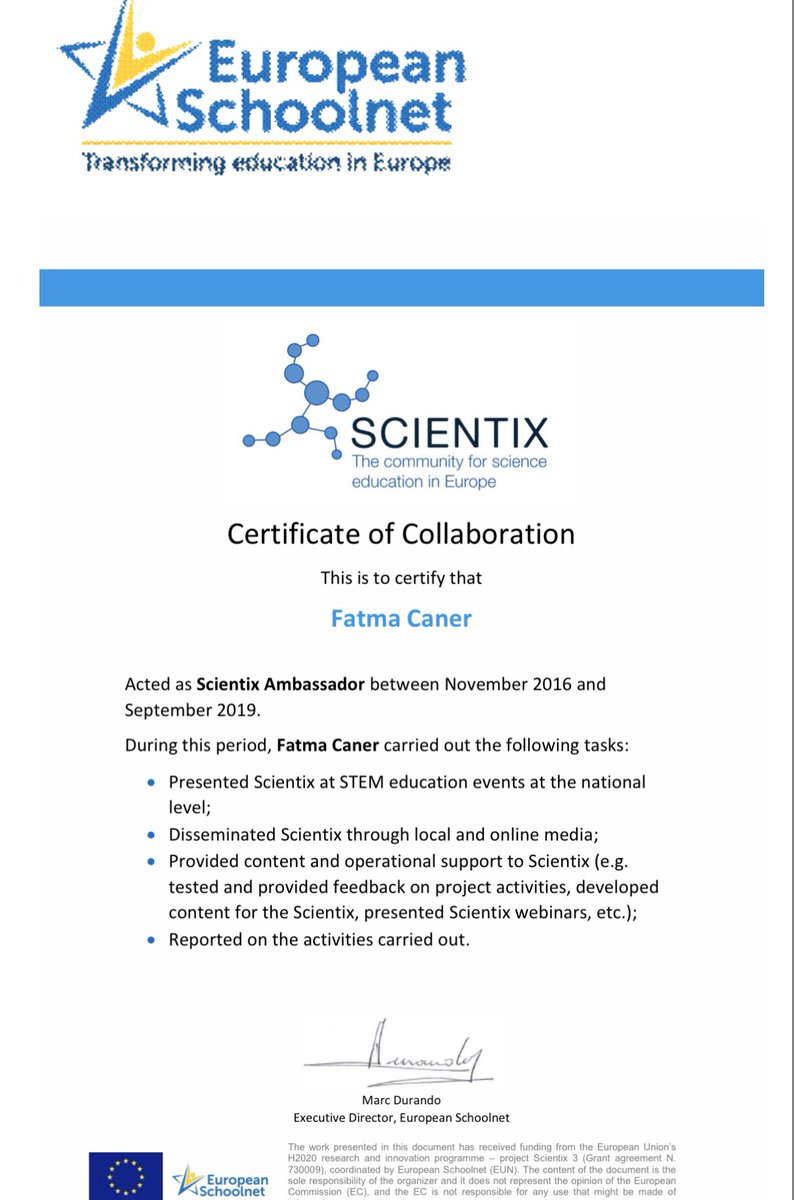 I have been honored to be a Scientix ambassador since 2016. This process has added national and international studies, new experiences, people and examples to my learning journey. Therefore, I am so grateful☺️🙏🏻       #scientix #europeanschoolnet