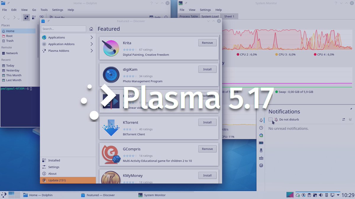 kdecommunity's tweet image. KDE's Plasma 5.17 just landed! Check out the new smart notification system, improved and expanded System Settings, increased usability and gestures and much more!
kde.org/announcements/…