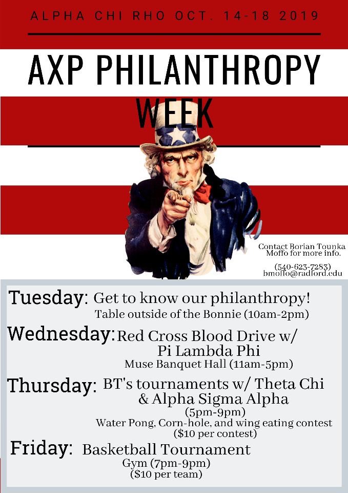 Make sure to come out to our Philanthropy Week this week from October 15th-October 18th! If you have any questions, stop by our table in the Bonnie today from 10am-2pm or contact our Philanthropy Chair Bobo Moffo. 
See you all there 🙌🏽💉