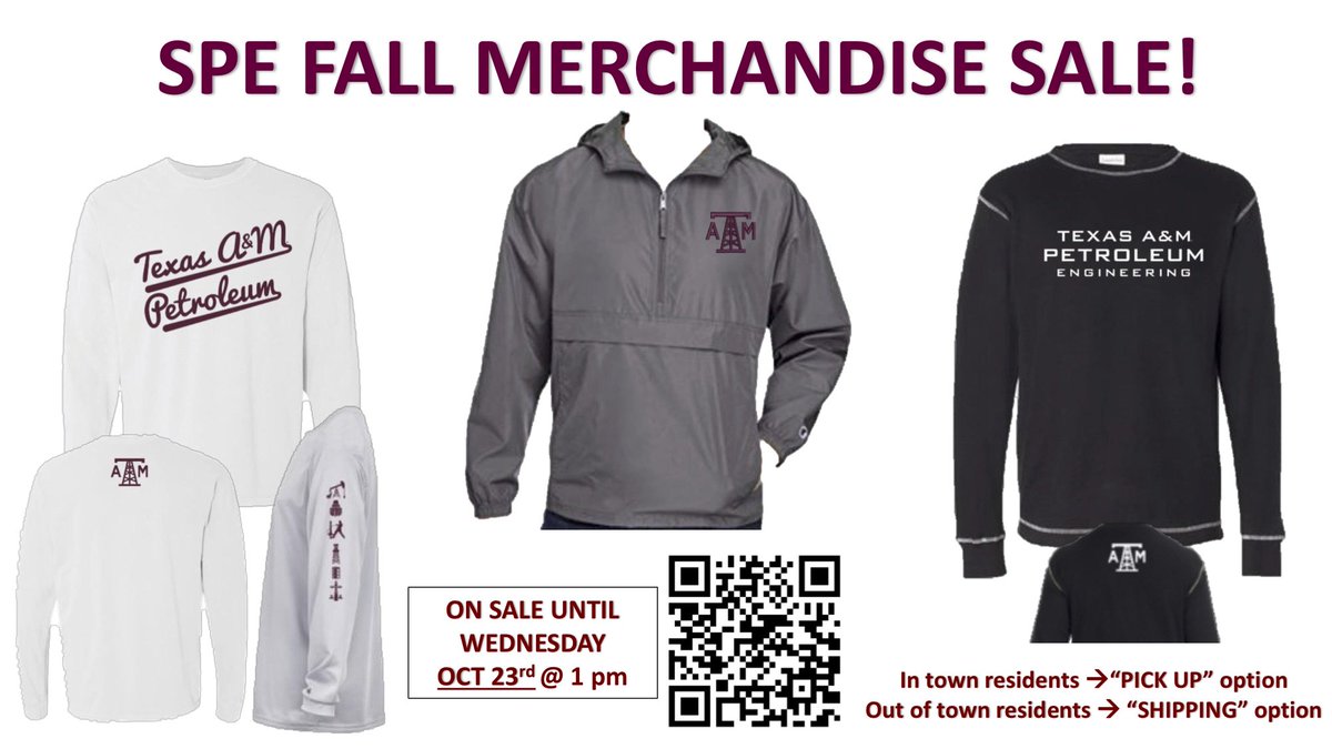SPE Fall Merchandise now available !

LINK : tamuspefall2019.itemorder.com/sale