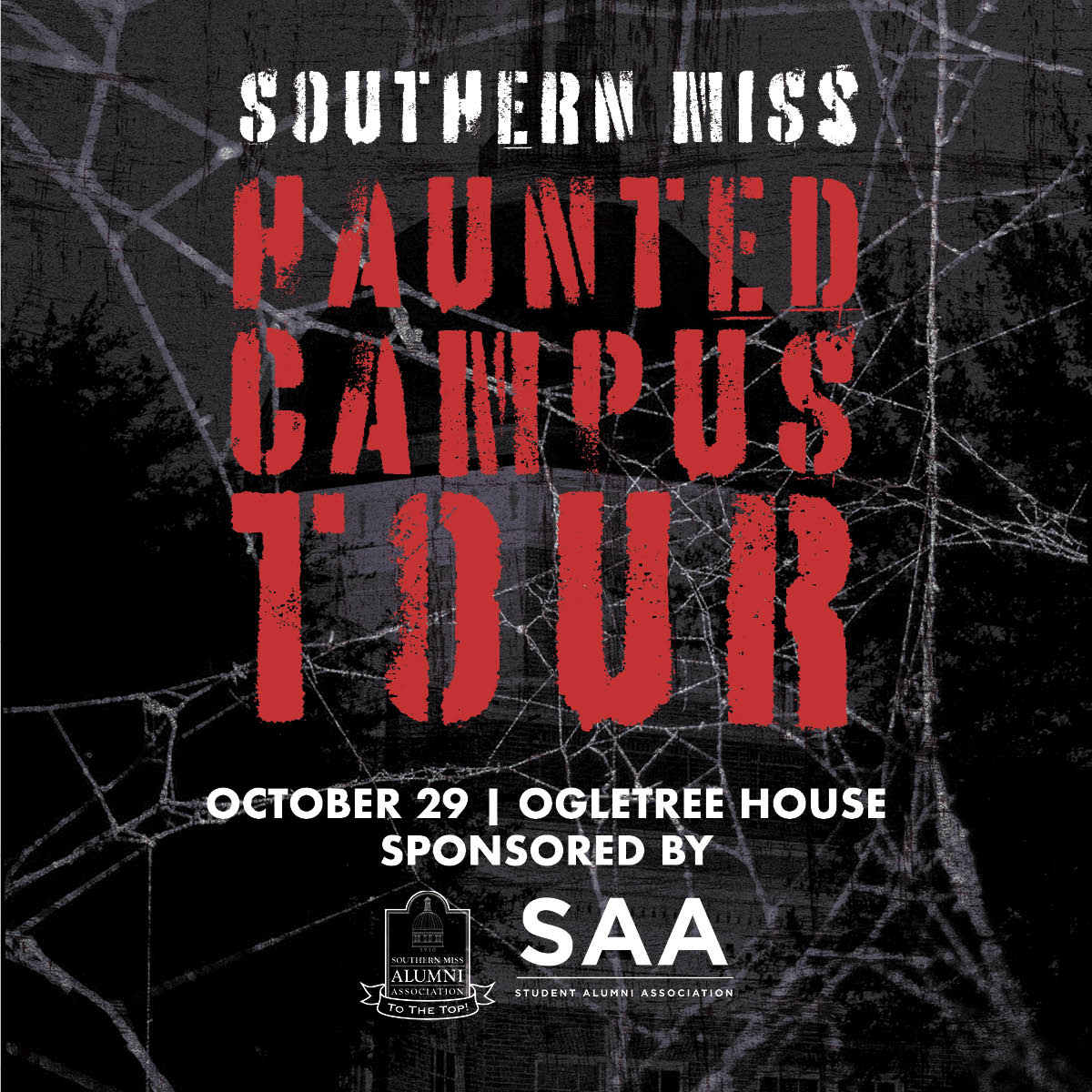 👻 Haunted Campus Tour &amp; Carnival
🗓️ October 29 | 7 p.m.
📍 Ogletree House
Are you brave enough to walk the haunted halls of Southern Miss? Join us for the annual Haunted Campus tour &amp; carnival! 🧟 🎃