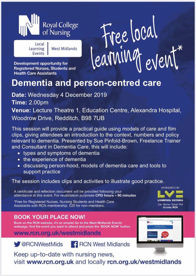 Come along to our next local learning event, “Dementia and person-centred care”! It’s on the 4th of December at 14:00 at The Alexandra Hospital. These events are free for <a href="/theRCN/">The RCN</a> members! Book your place at RCN.org.uk/westmidlands
