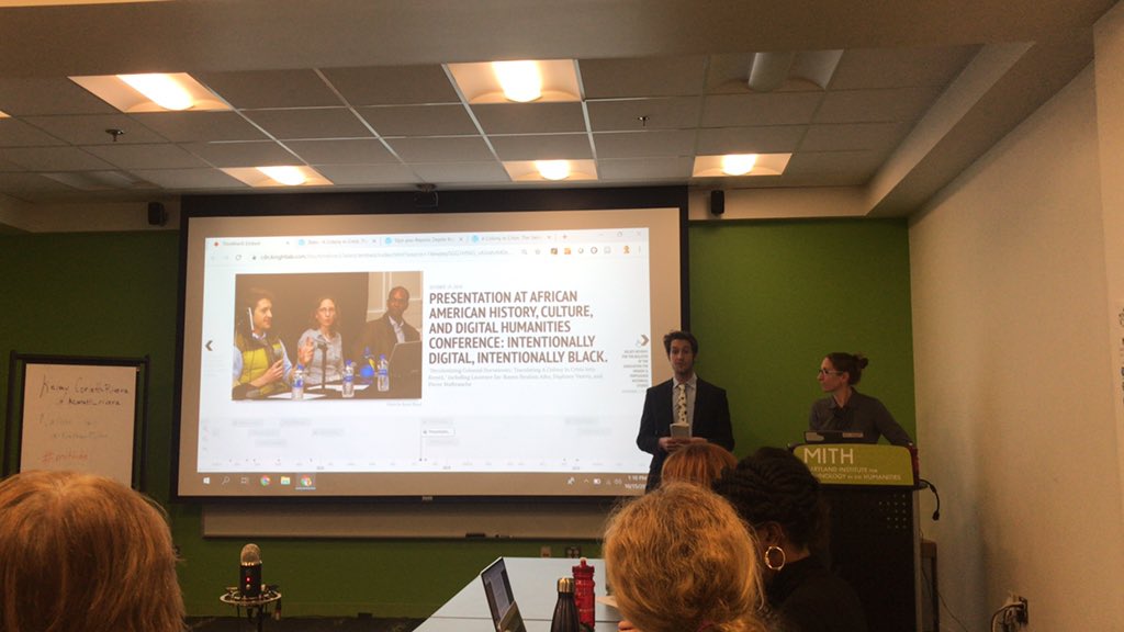 DaryleWilliams's tweet image. Great to see @NathanHDize @kcorlett_rivera present on Colony in Crisis as research, as community, and as career in #blackdh. @UMD_MITH @UMD_AADHum #mithdd