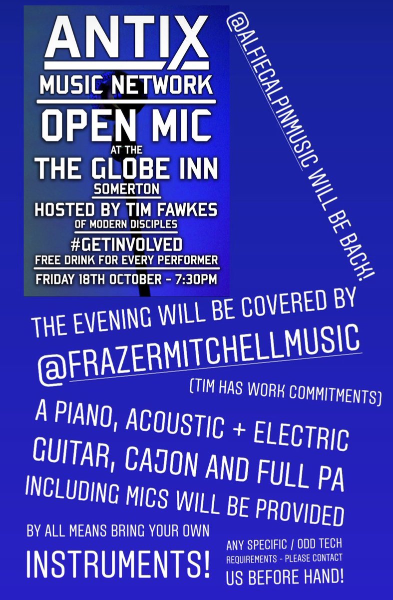 Some details on this week’s Open Mic at the Globe Inn #Somerton - #GetInvolved and get a free drink if you perform!