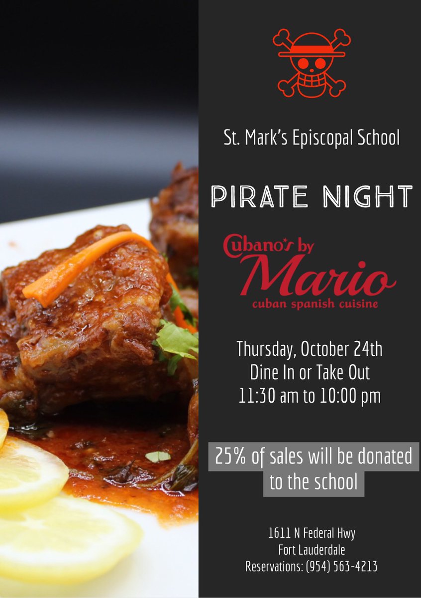 🏴‍☠️On Thursday, October 24 - dress like a Pirate &amp; head to Cubano’s by Mario for a delicious lunch or dinner! Mention that you are there for St. Mark’s &amp; 25% of your bill will be donated back to our school. We hope to see you there!
